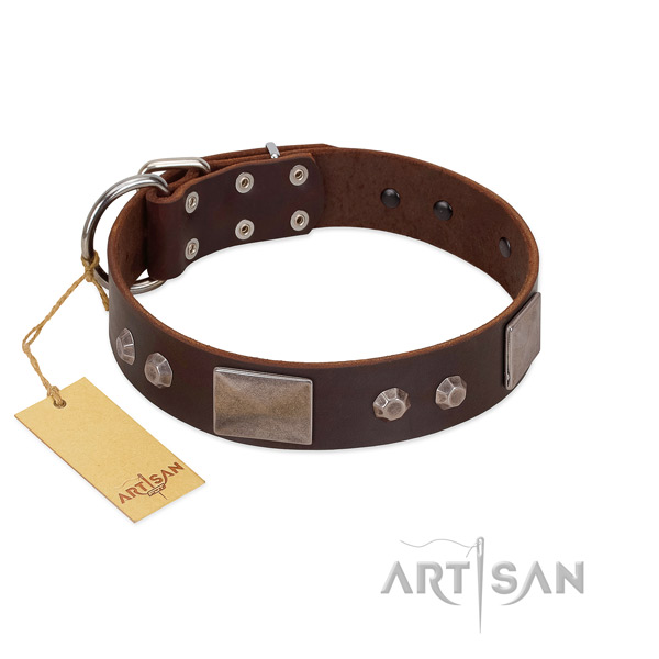 Adjustable natural leather dog collar with rust-proof hardware