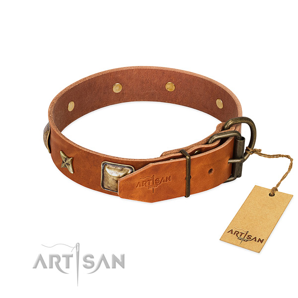 Full grain genuine leather dog collar with reliable traditional buckle and studs