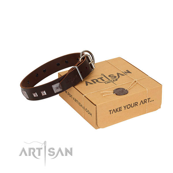 Easy adjustable leather collar with adornments for your doggie