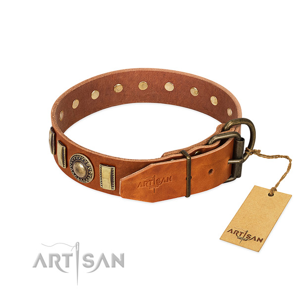 Stylish design natural leather dog collar with rust resistant traditional buckle