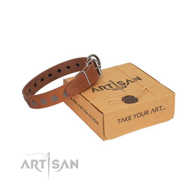 Incredible adornments on genuine leather dog collar for easy wearing