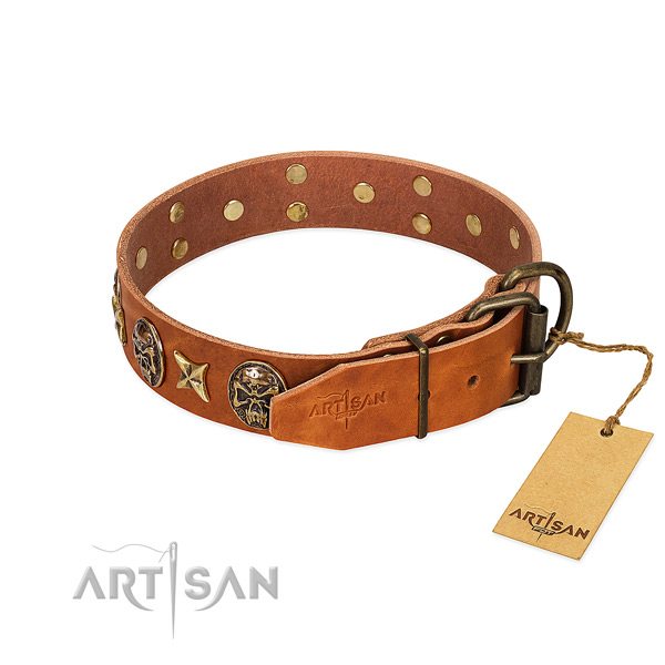 Leather dog collar with rust-proof hardware and studs