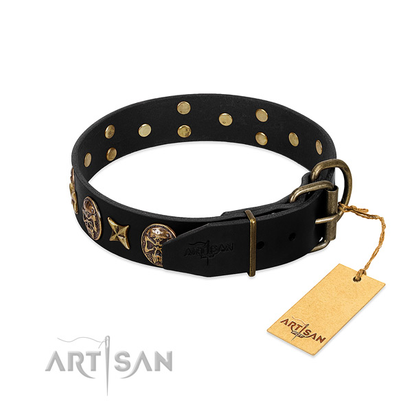 Strong traditional buckle on leather dog collar for your canine