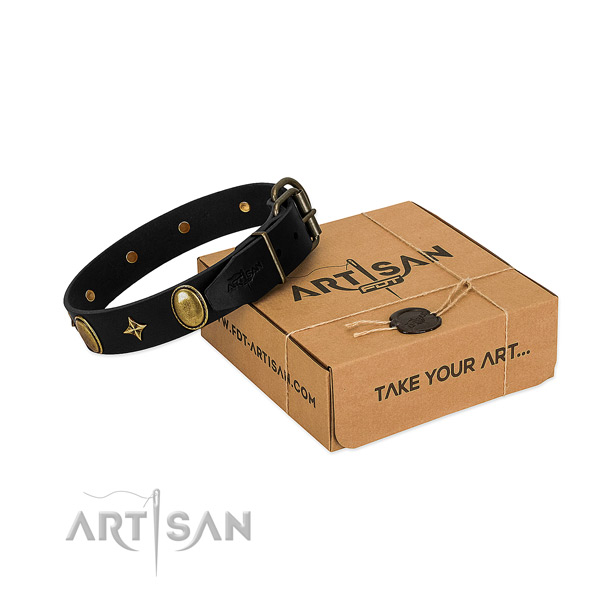 Quality full grain natural leather collar with corrosion proof decorations for your canine