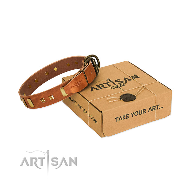 Reliable full grain natural leather dog collar with studs for daily walking