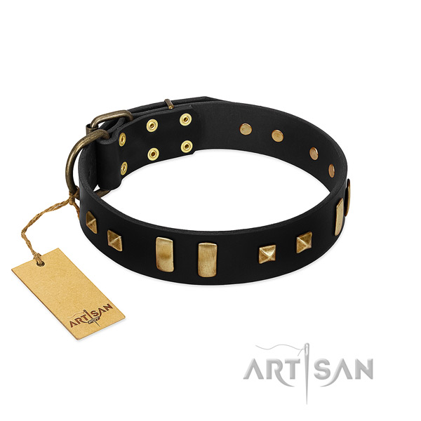 Reliable genuine leather dog collar with adornments for comfortable wearing