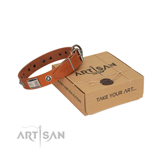 Easy adjustable full grain leather collar with adornments for your pet