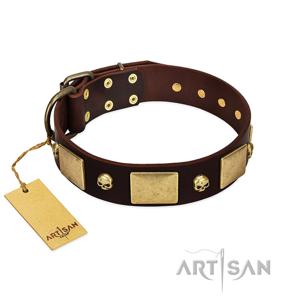 Gentle to touch full grain genuine leather dog collar with corrosion resistant decorations