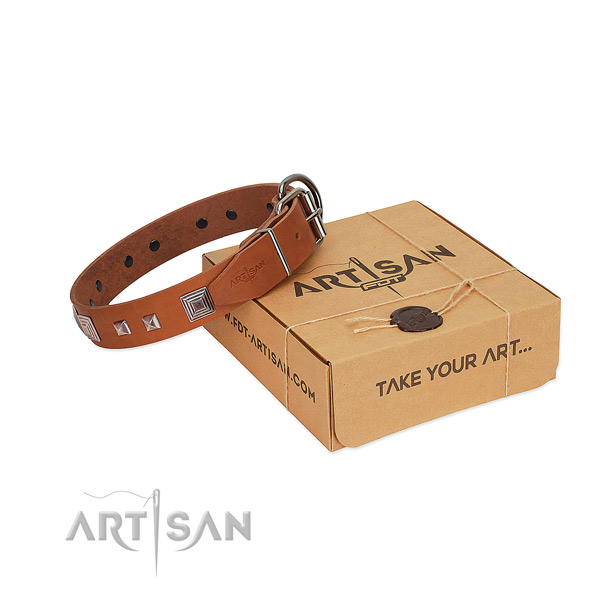 Easy adjustable full grain natural leather collar with studs for your doggie