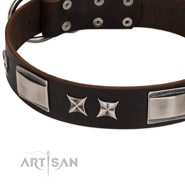 Soft to touch full grain natural leather dog collar with corrosion resistant buckle