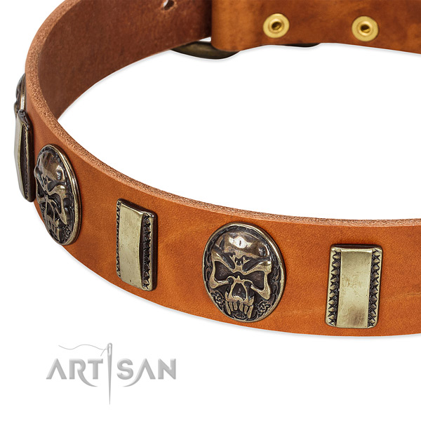 Reliable D-ring on full grain natural leather dog collar for your four-legged friend