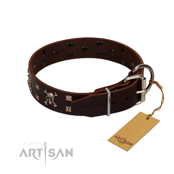 Walking flexible genuine leather dog collar with decorations