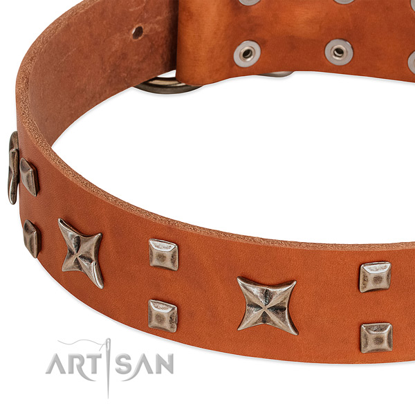 Gentle to touch genuine leather dog collar with decorations for walking