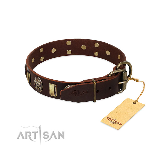 Leather dog collar with strong hardware and decorations