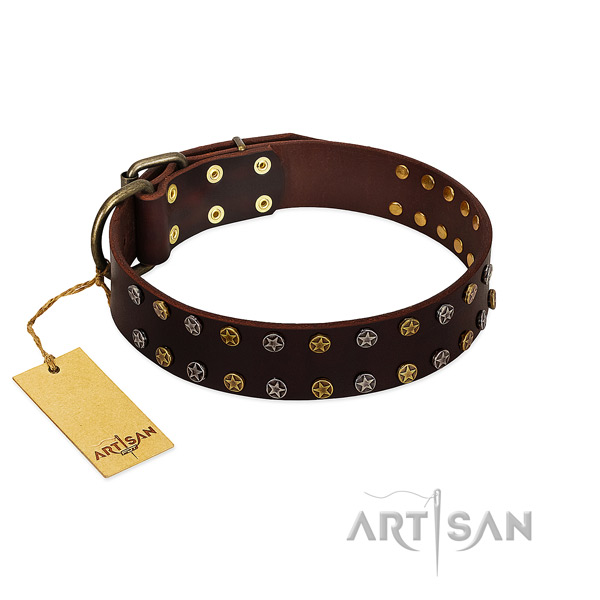 Everyday walking gentle to touch natural leather dog collar with adornments