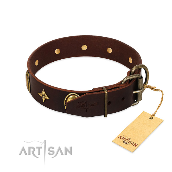 Gentle to touch full grain natural leather dog collar with corrosion proof embellishments