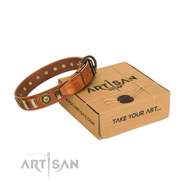 Flexible natural leather dog collar with rust-proof buckle
