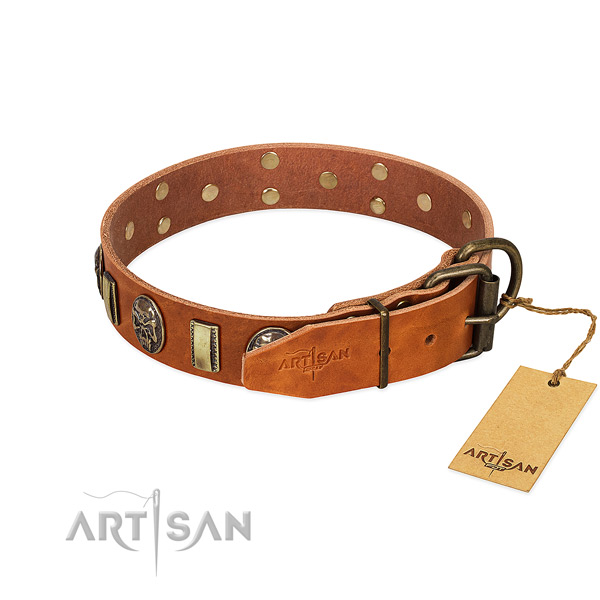 Full grain genuine leather dog collar with strong traditional buckle and decorations