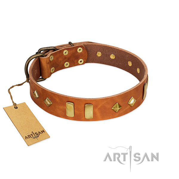 Easy wearing flexible full grain genuine leather dog collar with embellishments
