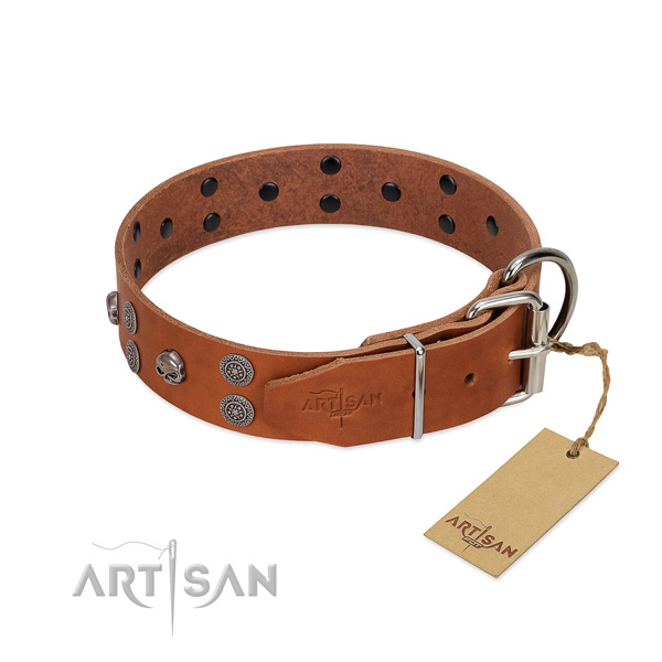 Soft to touch full grain genuine leather dog collar with decorations for everyday use