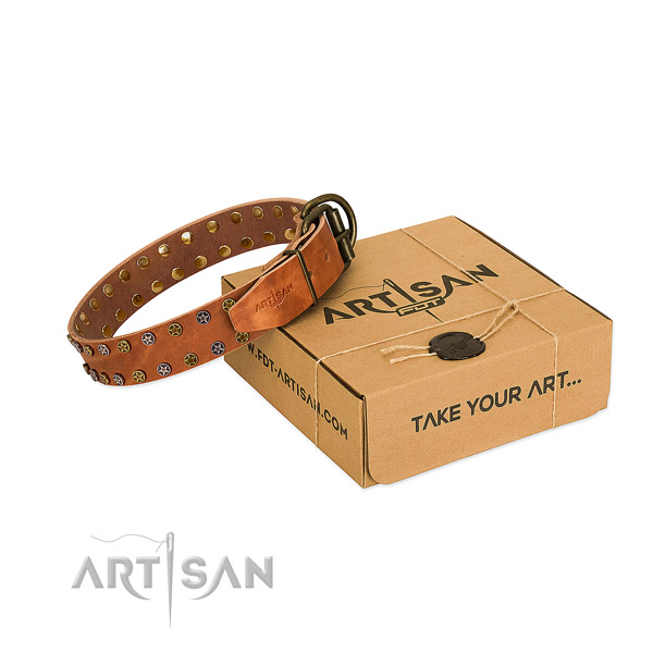 Handy use quality natural leather dog collar with embellishments