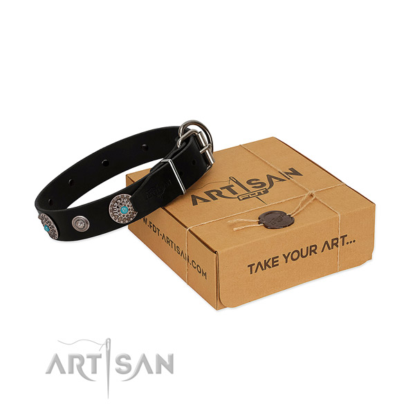 Handy use soft to touch full grain leather dog collar with embellishments