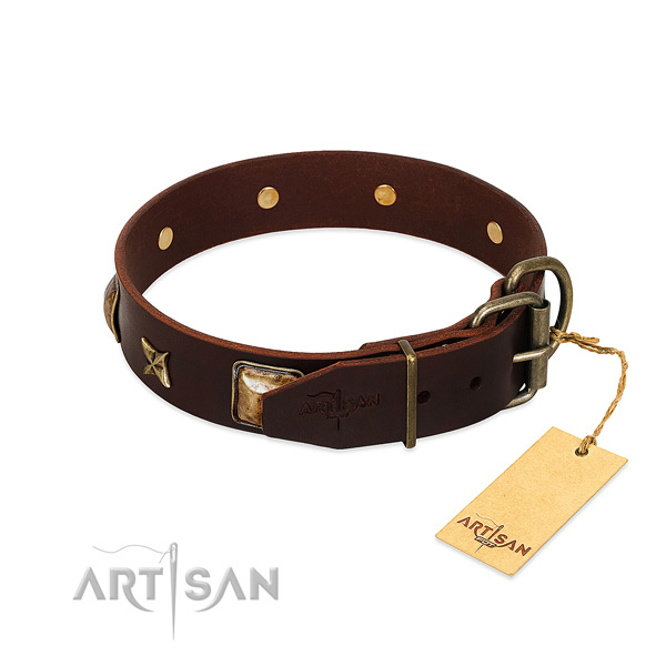 Full grain genuine leather dog collar with rust-proof hardware and adornments