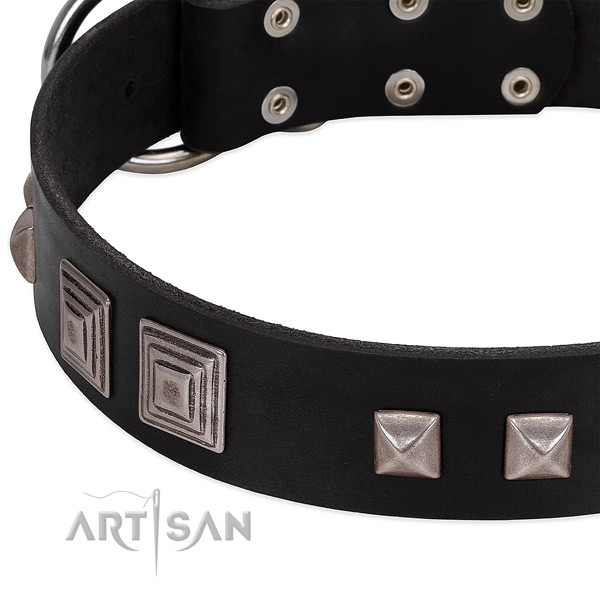 Strong hardware on natural genuine leather dog collar for fancy walking