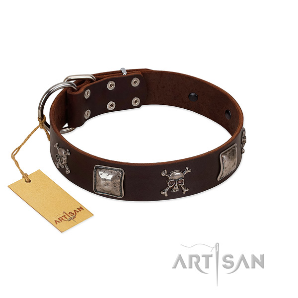 Unique decorated genuine leather dog collar
