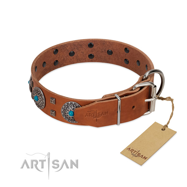 Best quality full grain natural leather dog collar with decorations for stylish walking