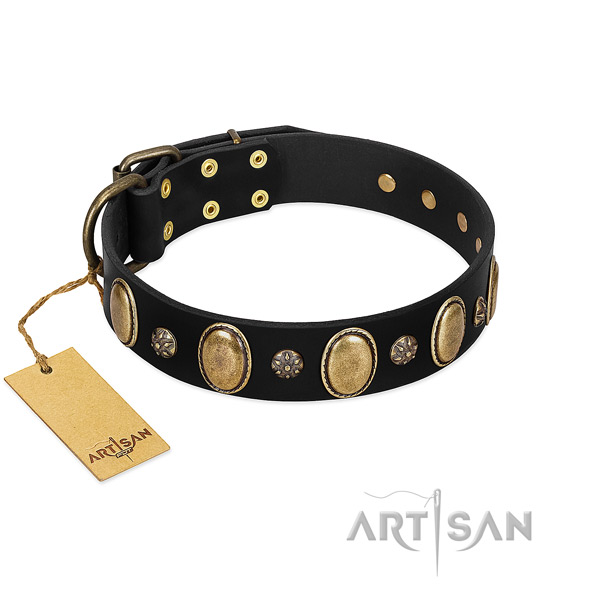 Handy use flexible full grain leather dog collar with studs