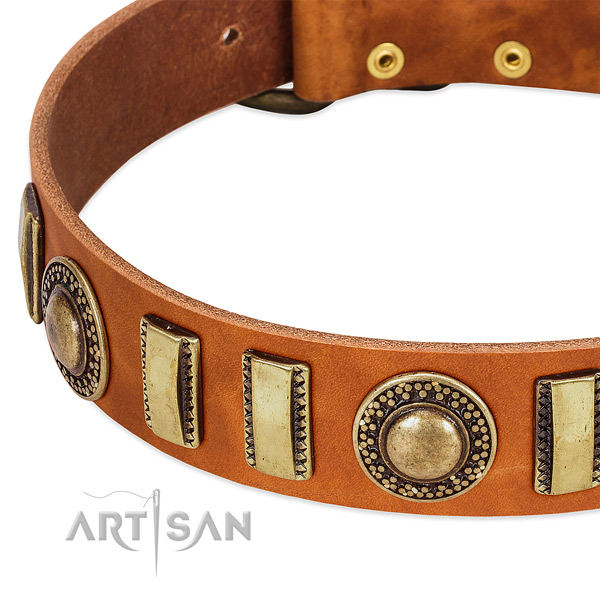 Flexible full grain natural leather dog collar with durable hardware