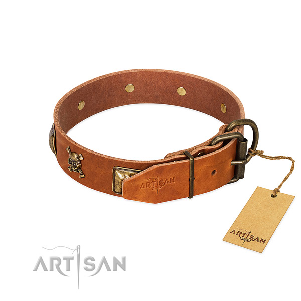 Exceptional full grain natural leather dog collar with reliable adornments