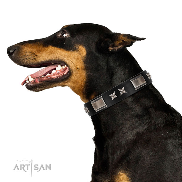 Easy wearing gentle to touch leather dog collar with decorations