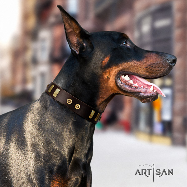 Doberman fancy walking full grain leather collar with stylish decorations for your dog