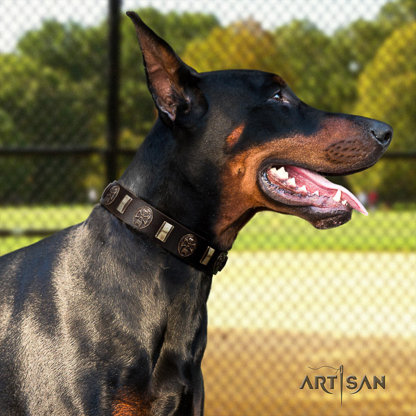 Doberman handy use full grain genuine leather collar with decorations for your doggie