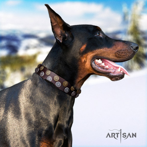 Doberman genuine leather dog collar with decorations for your attractive canine