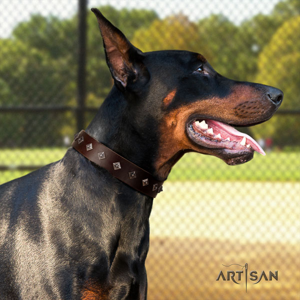 Doberman genuine leather dog collar with decorations for your attractive dog