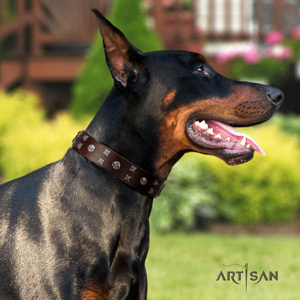 Doberman genuine leather dog collar with decorations for your stylish four-legged friend