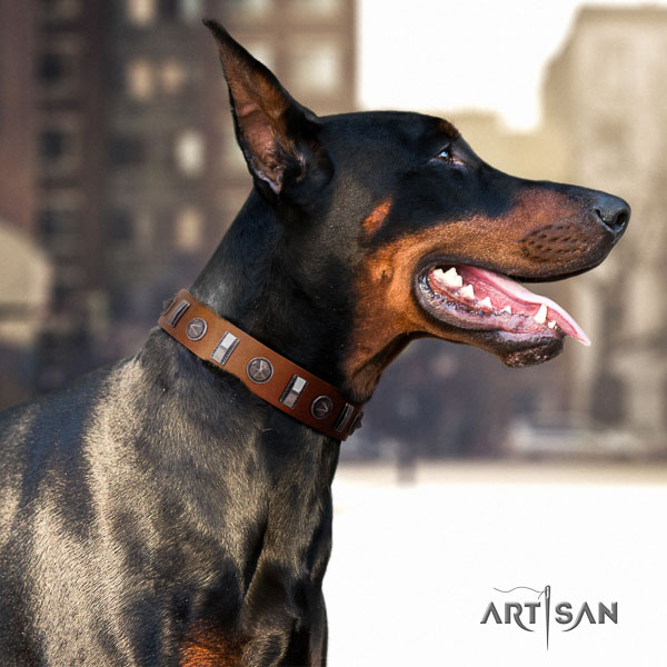 Doberman natural genuine leather dog collar with decorations for your impressive four-legged friend