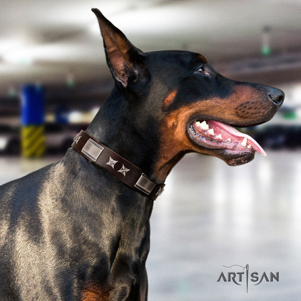 Doberman stylish design natural genuine leather collar with studs for your doggie