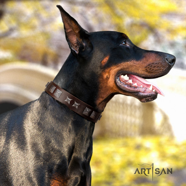Doberman genuine leather dog collar with studs for your lovely doggie