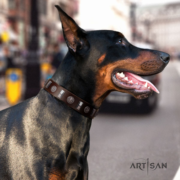 Doberman full grain natural leather dog collar with studs for your lovely dog