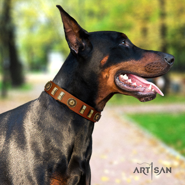 Doberman everyday walking full grain genuine leather collar with studs for your dog