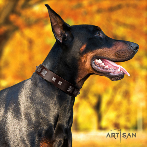 Doberman full grain genuine leather dog collar with decorations for your lovely dog