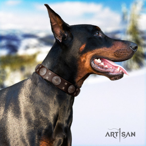 Doberman full grain natural leather dog collar with decorations for your impressive dog