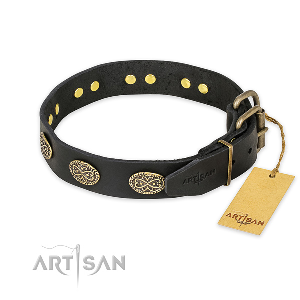 Stylish walking full grain genuine leather collar with decorations for your four-legged friend
