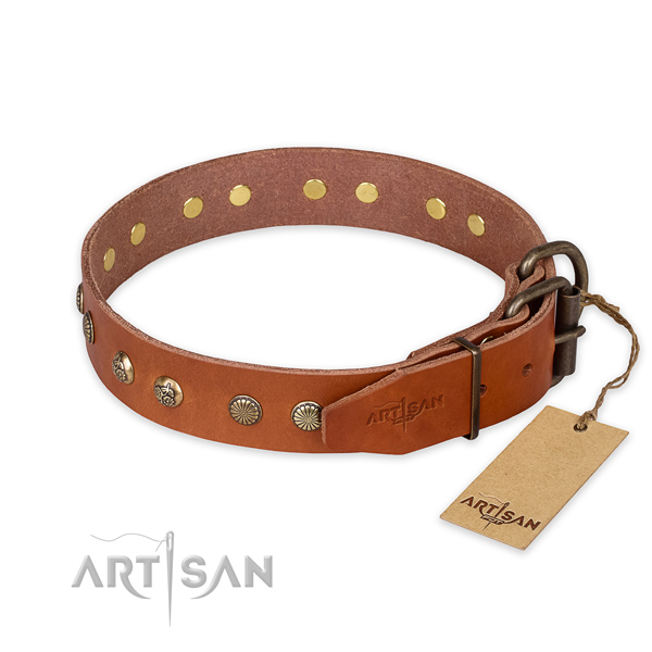 Handy use genuine leather collar with adornments for your four-legged friend